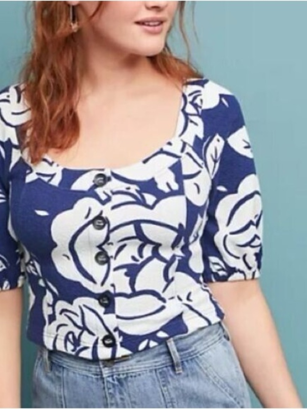 Anthropologie Mauve Amiens Floral White / Navy Puff Sleeve Top